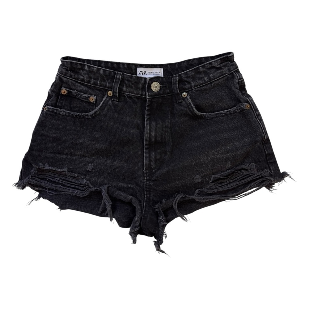 Zara High Waisted Distressed‎ Denim Shorts Size 4 Black Raw Hem